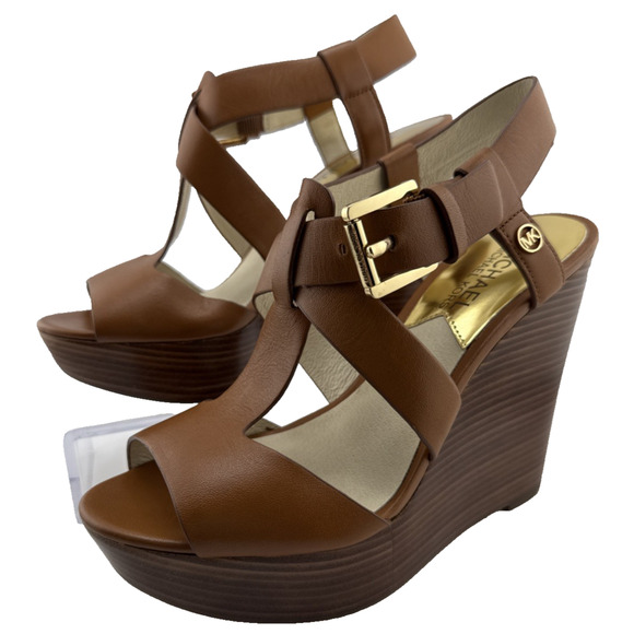 Michael Kors Women's Izzy Wedge Leather Brown Size 5.5 M NEW - Picture 1 of 11